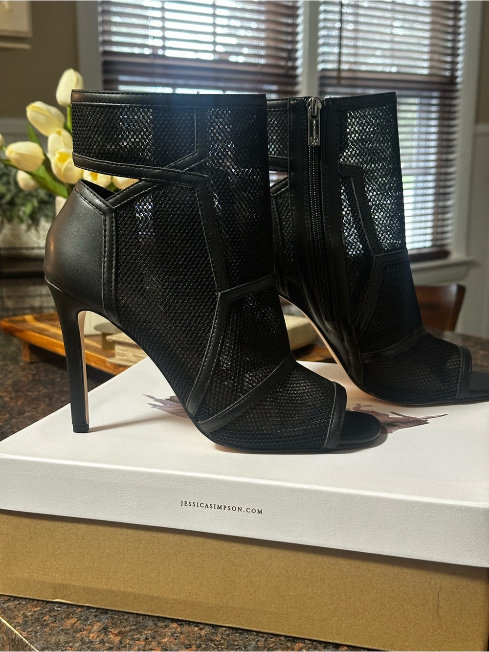 Jessica Simpson Black Mesh Peep-Toe High Heel Ankle Boots